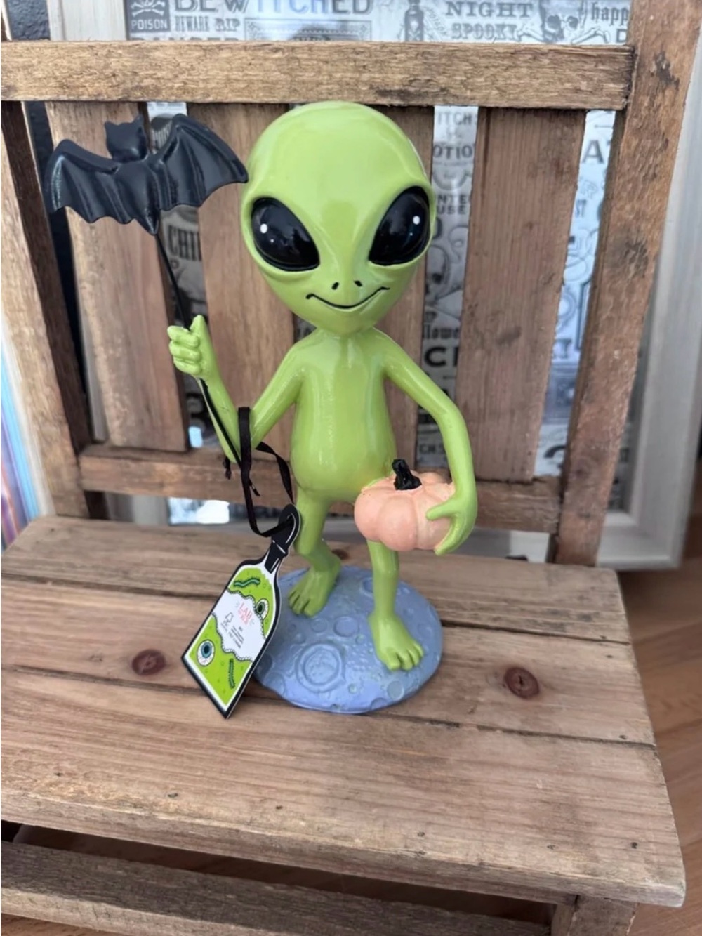 Green Alien Figurine Pumpkin Bat Lab No 10.31 Halloween Decor Spooky Cute